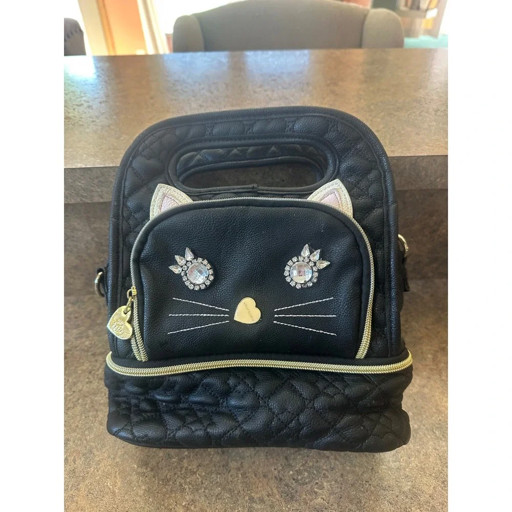 Betsey Johnson Black Quilted Heart Cat Face Insulated Lunch Bag Rhinestone Eyes